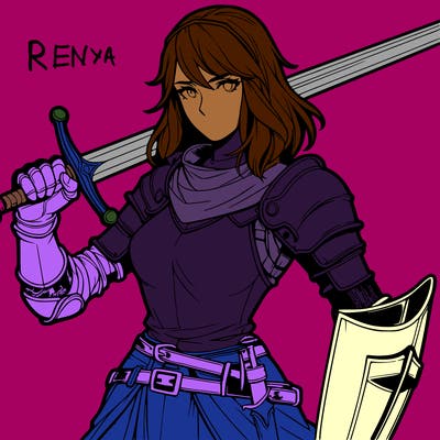 realistic female knight with helmet off and sword in hand