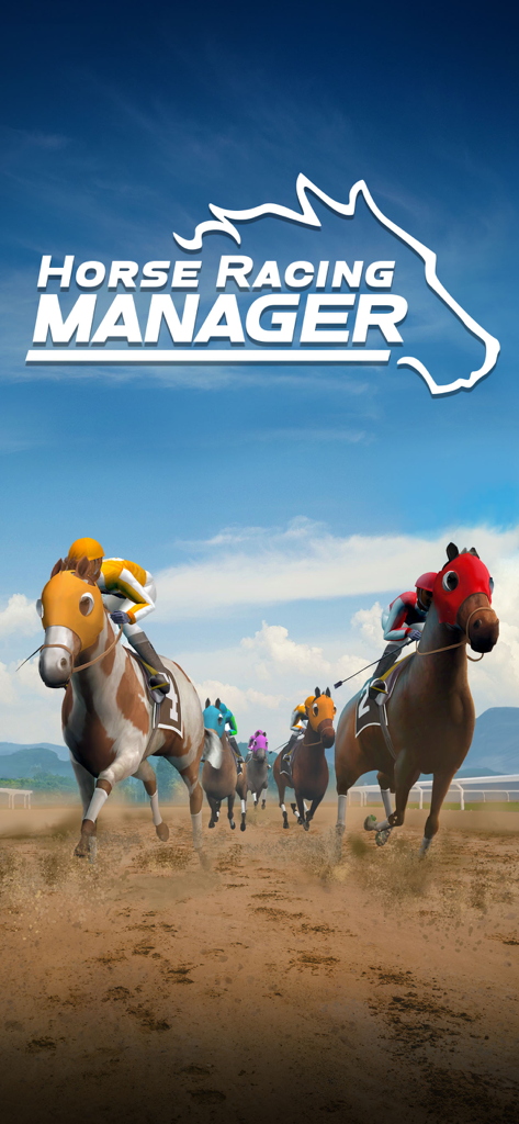 Jockeys and horses competing on a dirt race track under a blue sky with the Horse Racing Manager title
