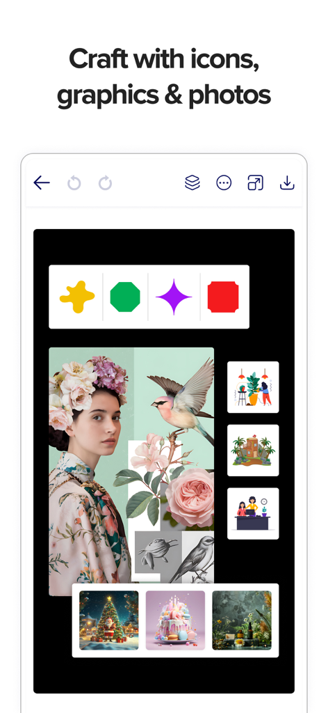 Poster Maker - Flyers Design - Poster Maker app interface showing a variety of icons, shapes, and photos being used to create a graphic design.