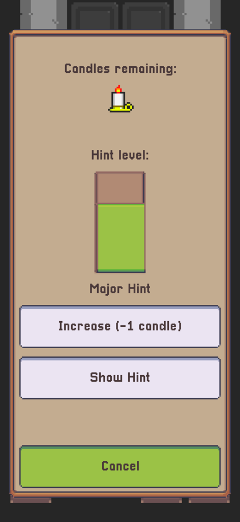 Gridlock Dungeon - Pixel art hint menu in Gridlock Dungeon showing candle currency and hint level options
