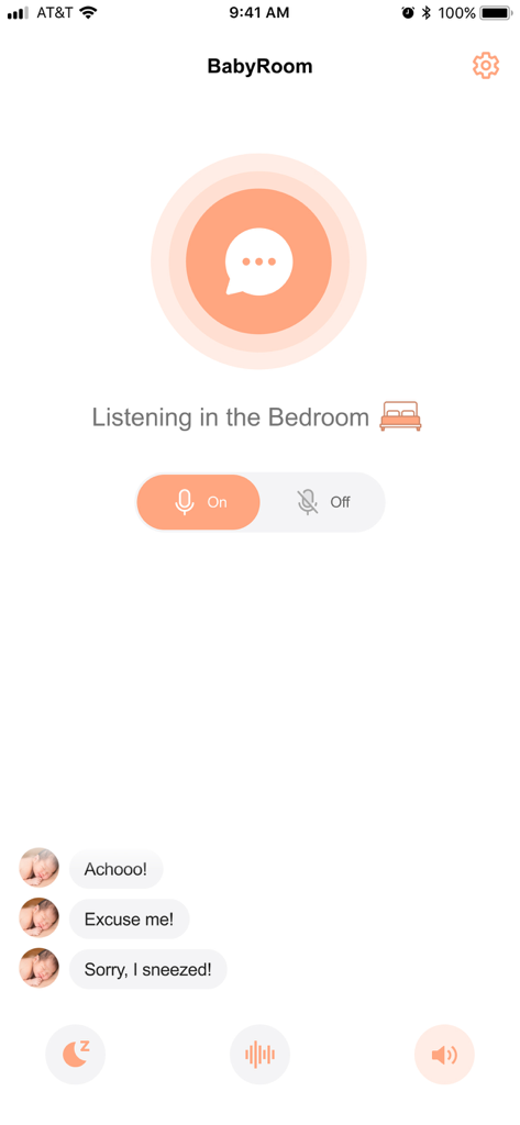 BabyTalk Translator - Interfaz de la app BabyTalk Translator mostrando el modo de escucha en una habitación con traducciones de sonidos de bebé en tiempo real.