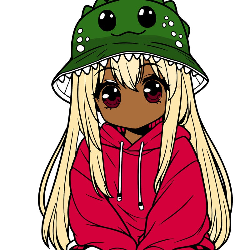 girl with anime shaped eyes with a dinosaur bucket hat oversized sweatshirt long straight hair