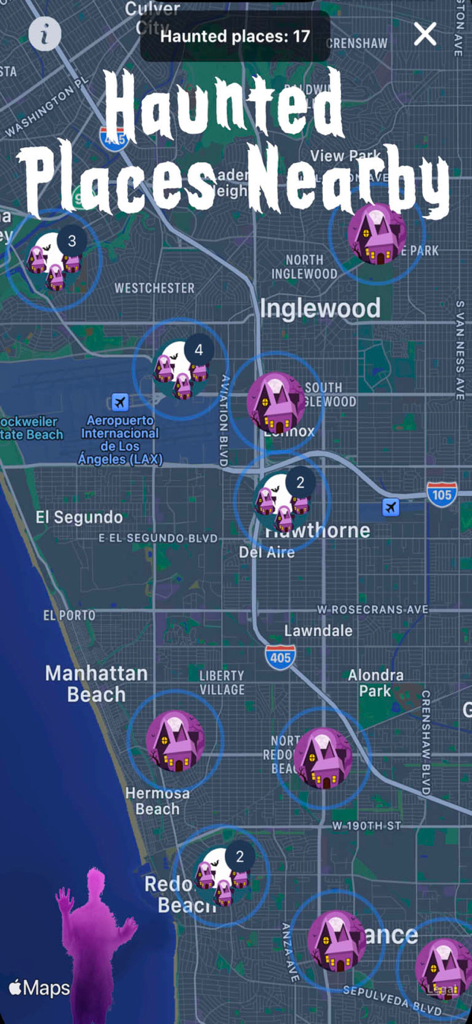 Spirit Entities Talker - A screenshot of the Spirit Entities Talker app showing a map of nearby haunted locations with purple house icons