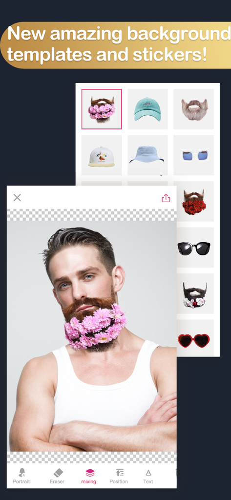 Oberfläche des KnockOut HD Fotoeditors, die verschiedene Sticker-Vorlagen und einen Mann mit Blumenbart zeigt