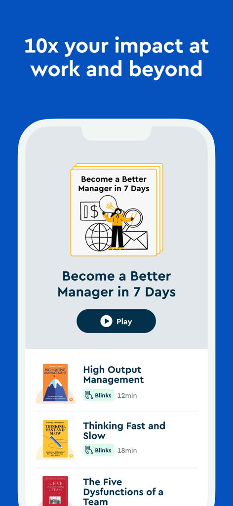 Interfaz de la aplicación móvil Blinkist que muestra resúmenes de libros de desarrollo profesional y un curso de capacitación en gestión.