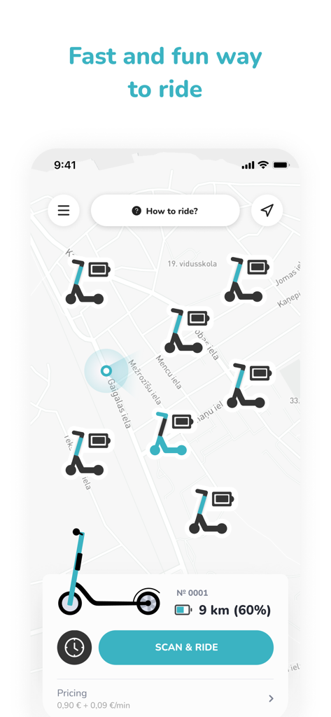 ISLA RIDE - ISLA RIDE mobile app interface showing a map with available electric scooters and a scan and ride button.