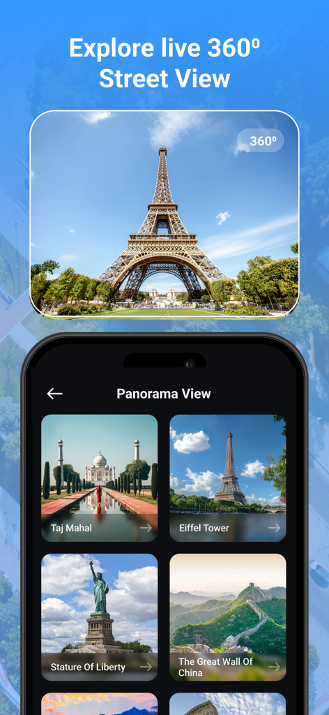 Street View Live Earth Map 3D - A mobile app screen showing a 360 degree panorama gallery of world landmarks including the Eiffel Tower and Taj Mahal