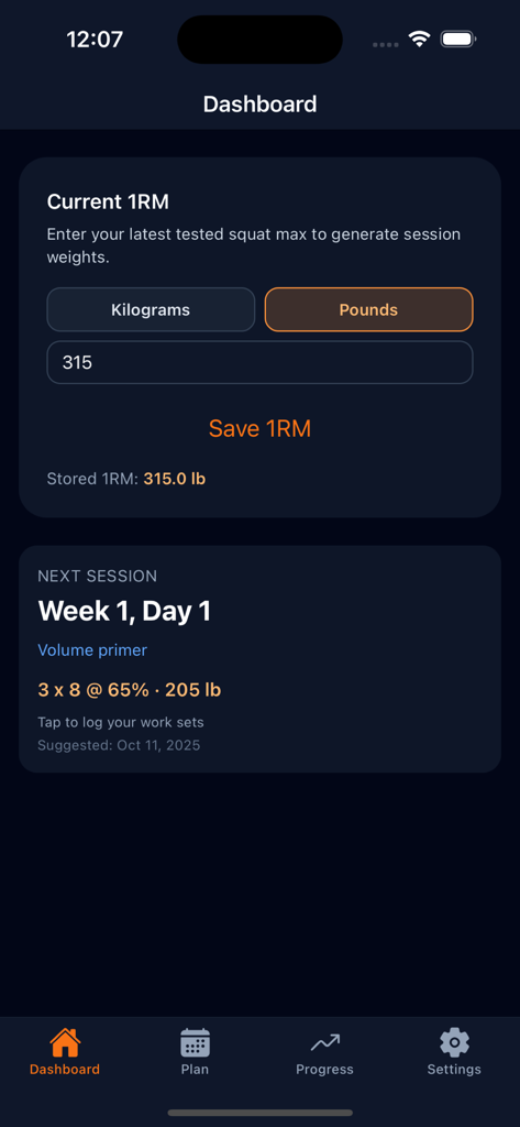Smolov Squat Tracker - Dashboard di Smolov Squat Tracker con inserimento 1RM e dettagli della prima sessione di allenamento