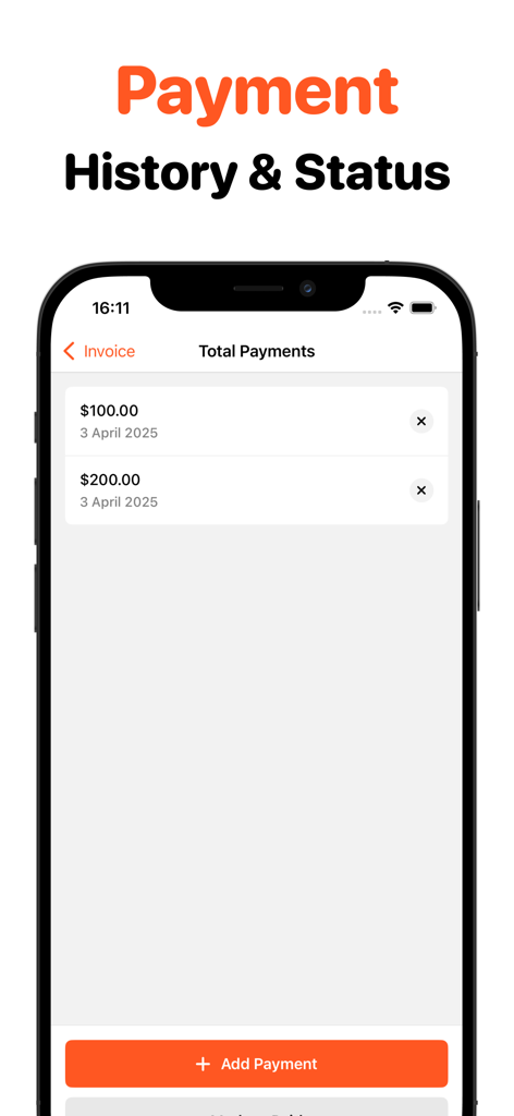Easy Invoice Maker • Estimate - Mobile app interface showing payment history and status for invoices