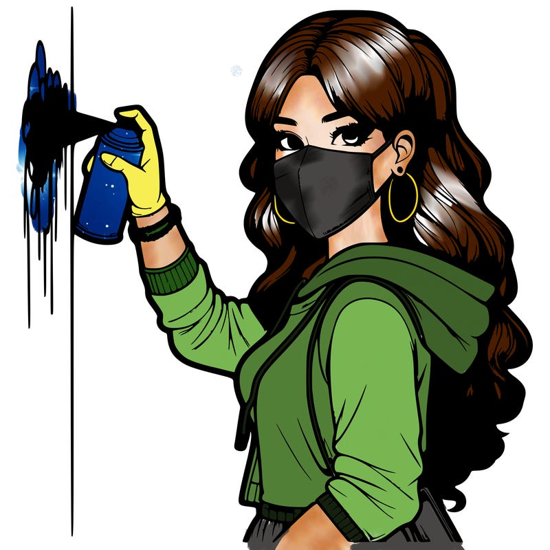 realistic girl with mask spray painting a wall