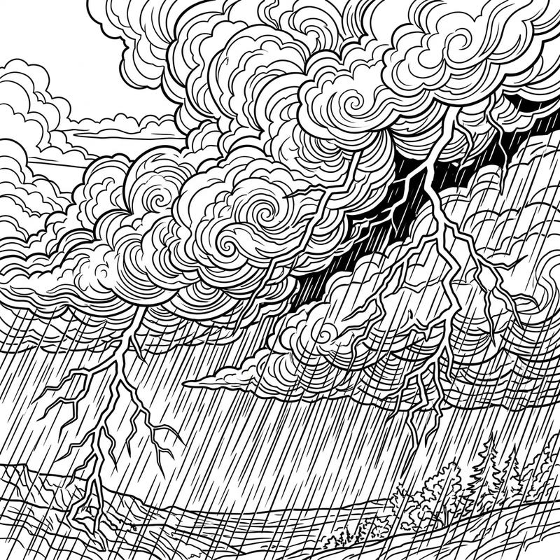 Dive into the heart of a powerful storm with this captivating Sudden Thunder coloring page, featuring dramatic lightning and swirling, heavy rain. This intricate design invites you to bring the raw energy of nature to life with your favorite colors.