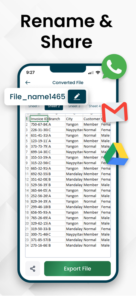 WhatsApp Gmail Google Drive経由で名前変更および共有オプションが表示された、変換されたExcelスプレッドシートのモバイルアプリインターフェイス