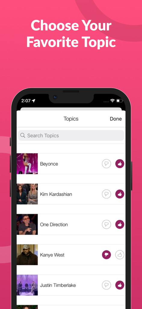 Celebrity News & Social Trends - Smartphone screen showing a list of celebrities like Beyonce and Kim Kardashian with follow options in the Celebrity News app