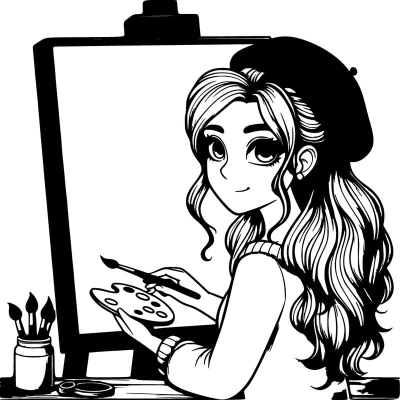 realistic girl artist painting a blank canvas