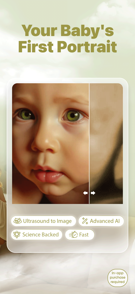 Ultrasound to Photo AI - Comparación de pantalla dividida de una ecografía y un retrato de bebé realista generado por IA.