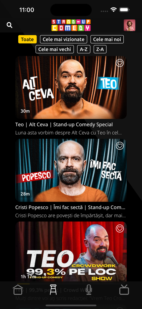 Comedy Box - Mobile app interface of Comedy Box displaying various stand up comedy specials and shows