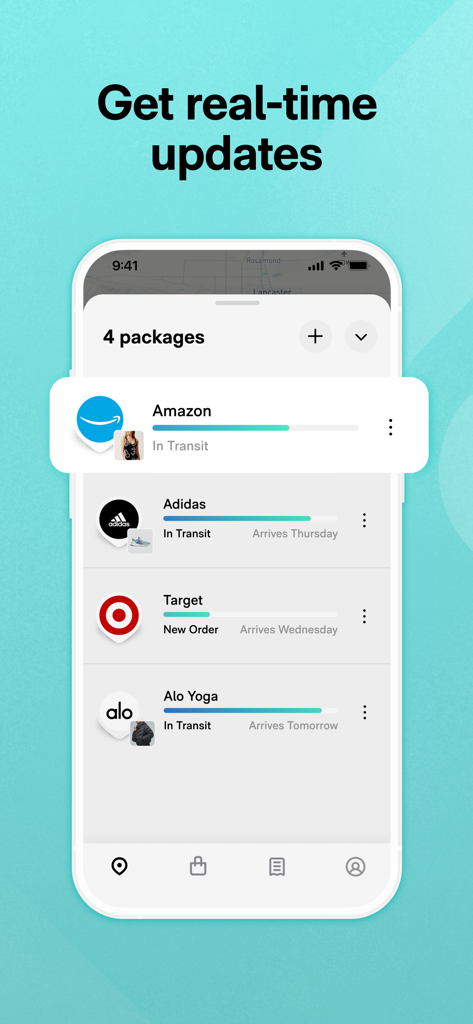 Interfaz de la aplicación móvil que muestra actualizaciones de seguimiento en tiempo real para varios pedidos en línea de diferentes marcas.