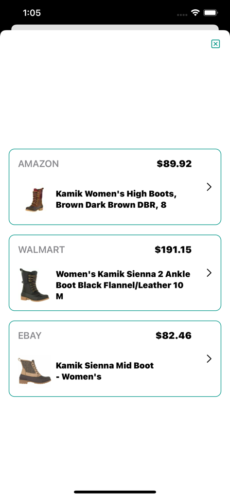 Price Check Scanner - Price comparison results for Kamik boots across Amazon, Walmart, and eBay