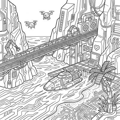 Immerse yourself in a vibrant, futuristic landscape with this unique Cyberpunk Cove Beach coloring page. Discover a high-tech haven where natural beauty meets intricate robotic and neon-inspired designs.
