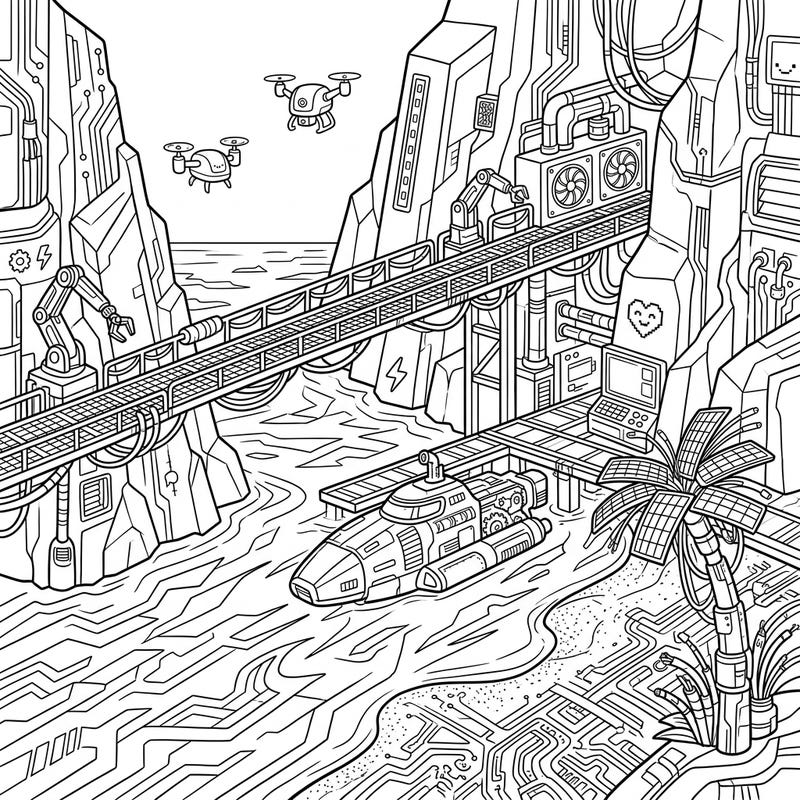 Immerse yourself in a vibrant, futuristic landscape with this unique Cyberpunk Cove Beach coloring page. Discover a high-tech haven where natural beauty meets intricate robotic and neon-inspired designs.