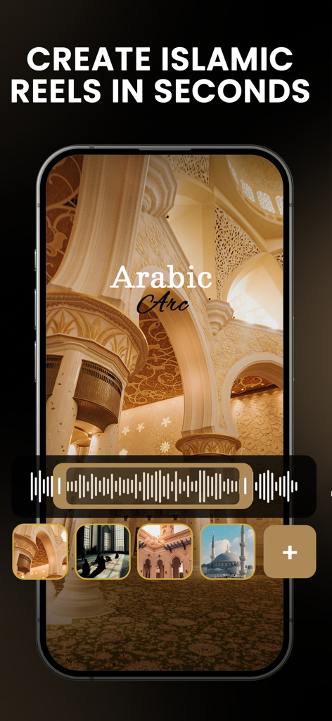 Mobile app interface for creating Islamic reels with mosque video templates and audio editing