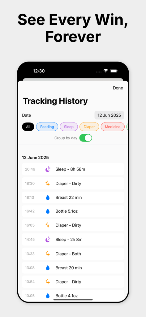 Nurtura: Baby Tracker - Tracking history screen in the Nurtura app showing a daily log of baby sleep, feedings, and diaper changes