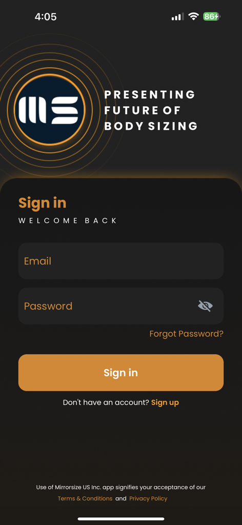 Mirrorsize - Sign in screen of the Mirrorsize app featuring email and password input fields and a sign in button