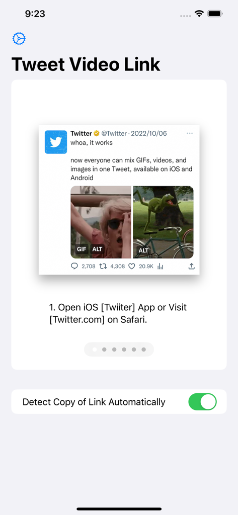 Interfaz de la app Enlaces de Video para Twitter que muestra instrucciones para abrir Twitter y una configuración para detectar automáticamente los enlaces copiados.