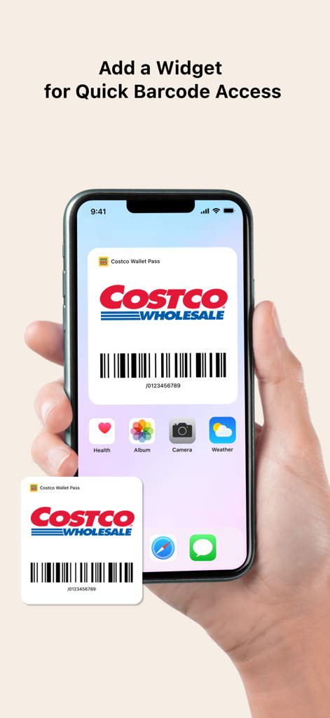 An iPhone home screen showing a Costco store card widget for quick barcode access