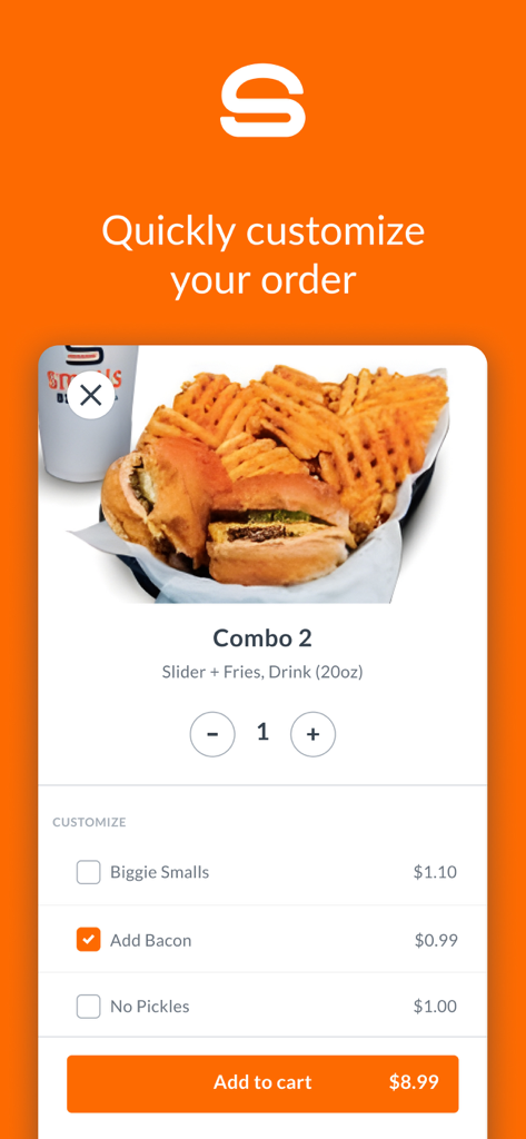 Smalls Sliders - Écran de l'application mobile Smalls Sliders montrant les options pour personnaliser un menu combo avec des sliders et des frites