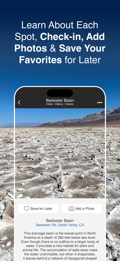 Death Valley Offline Guide - Details page for Badwater Basin in the Death Valley Offline Guide app featuring a landscape photo and trail information.