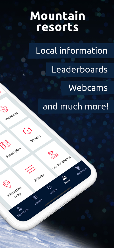 Skitude App-Oberfläche mit Funktionen für Bergresorts, einschließlich Webcams, Ranglisten und interaktiven Karten