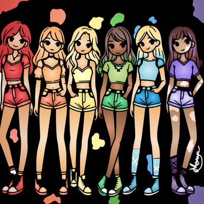 a group of girls wearing crop tops and shorts