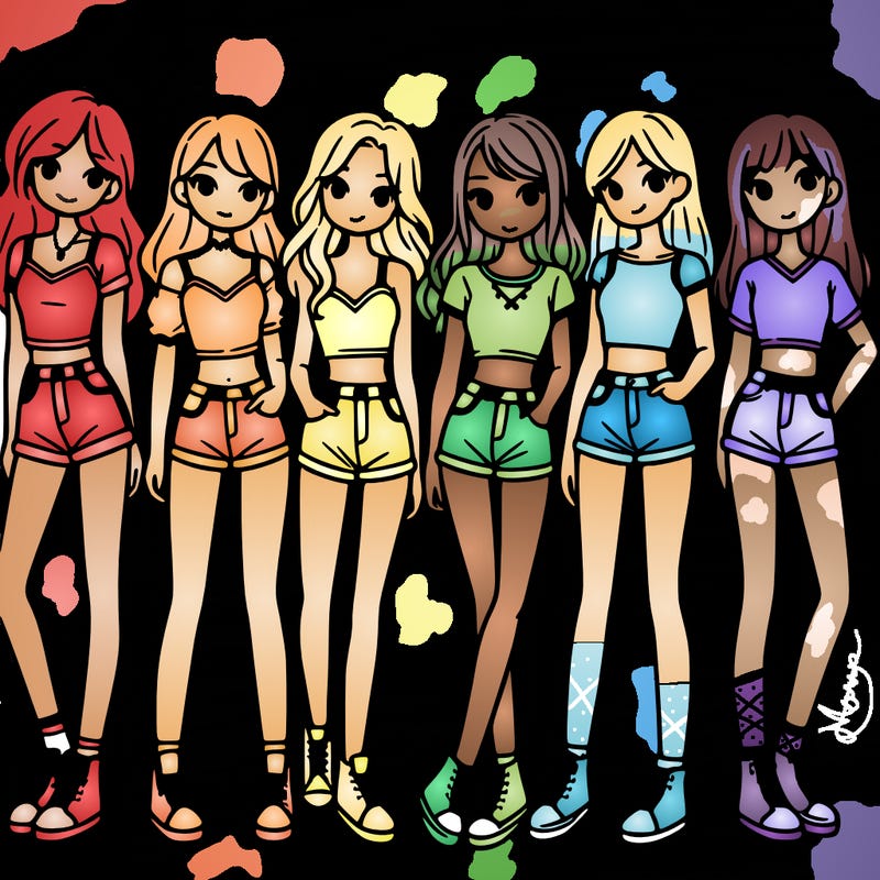a group of girls wearing crop tops and shorts