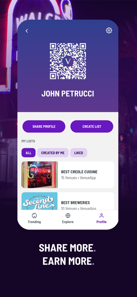 VenueApp host profile interface showing a personal QR code and curated New Orleans recommendation lists