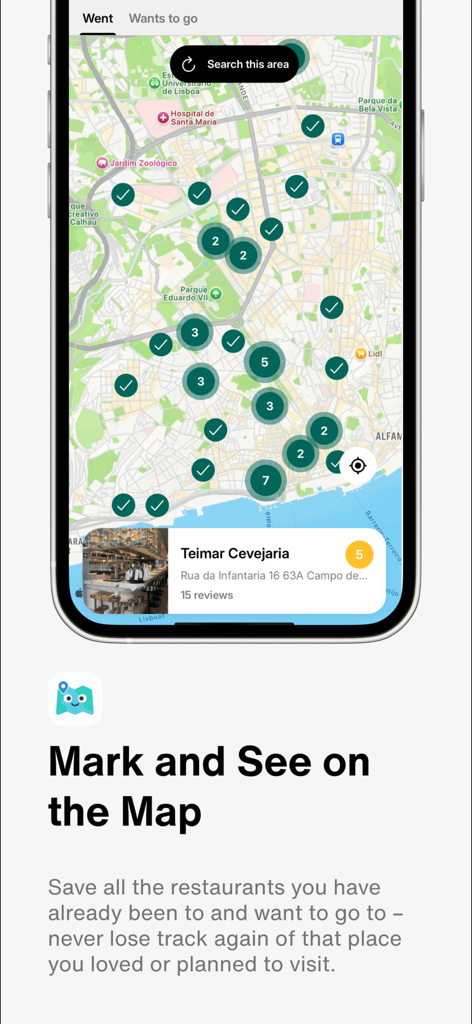 Where to Eat: Spoto - Interfaz de la aplicación Spoto que muestra un mapa interactivo de ubicaciones de restaurantes guardados y visitados