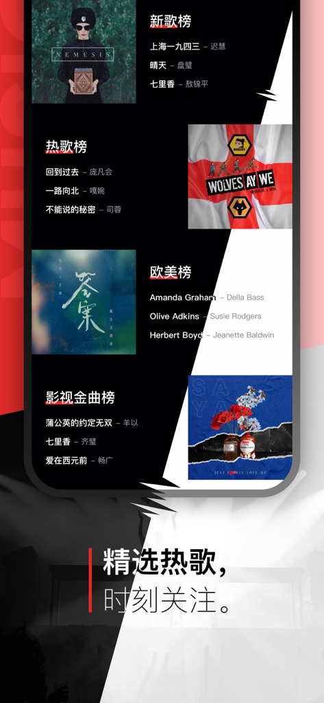 Interface of the Qianqian Music app showcasing music charts for new songs hot songs and movie soundtracks