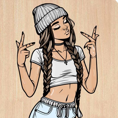 realistic teenage girl with braids and a beanie and crop top doing 🫶🏼