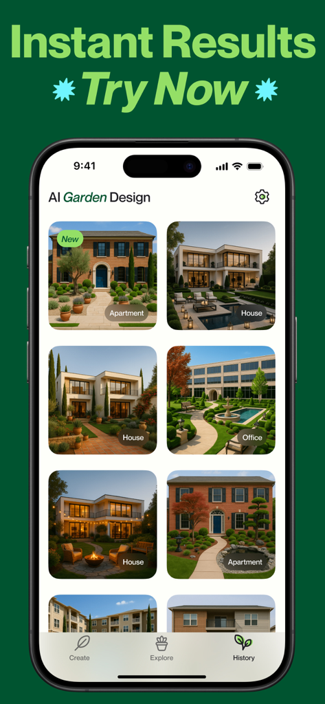 A gallery showing different AI generated garden and landscaping design styles for houses and offices