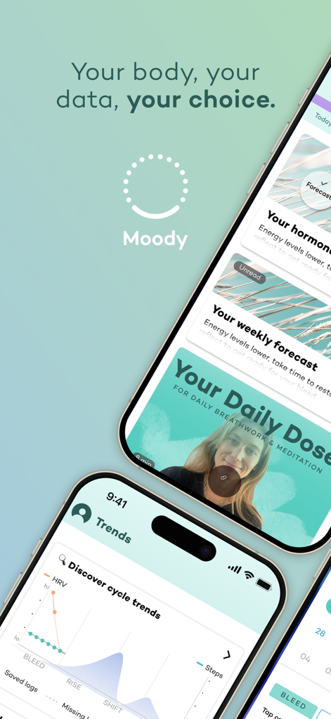 Interfaz de la aplicación Moody Month que muestra gráficos de seguimiento hormonal y pronósticos de bienestar diarios personalizados