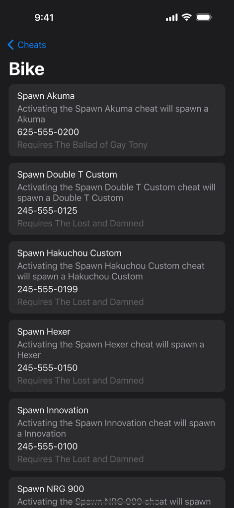 Liste von Motorrad-Spawn-Cheat-Codes für GTA 4 mit In-Game-Telefonnummern