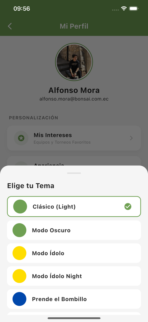 StudioFutbol - Profil utilisateur de l'application StudioFutbol montrant le menu de sélection de thème avec des options pour les skins classiques sombres et basés sur les équipes comme Modo Idolo et Prende el Bombillo