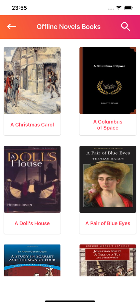 Interface of the English Novel Books Offline app displaying a collection of classic literature book covers