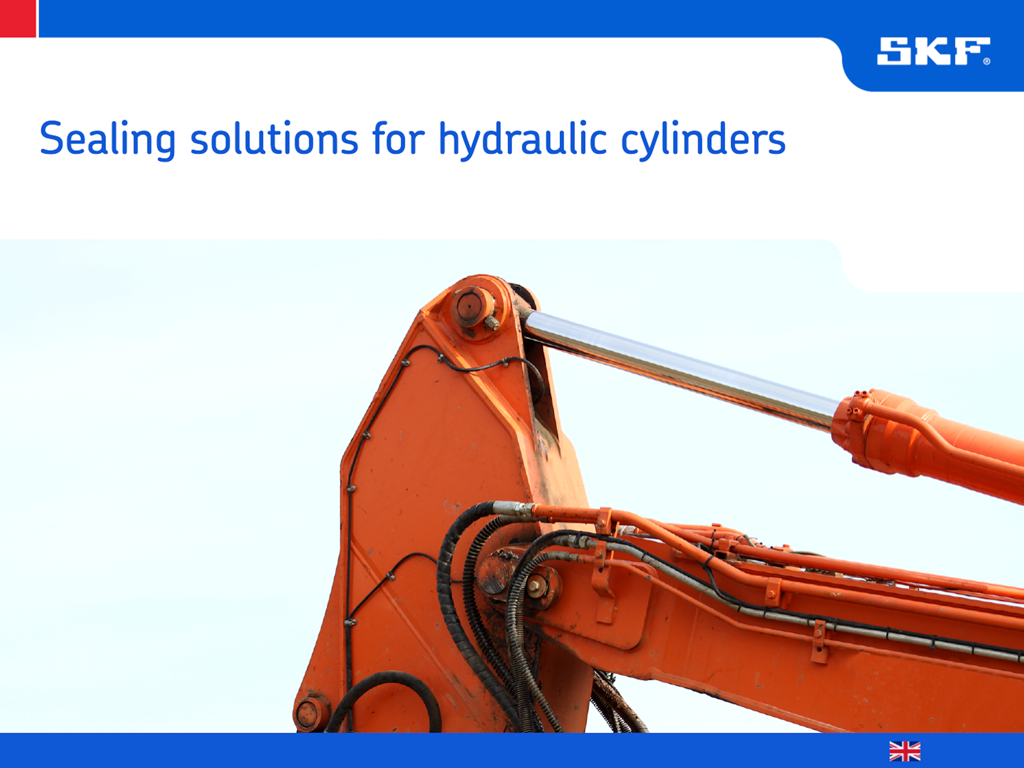 Opening screen of the SKF app titled Sealing solutions for hydraulic cylinders featuring an orange excavator arm