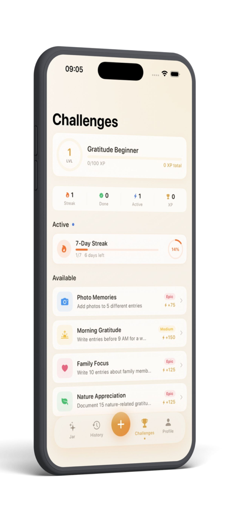 Gratitudes Jar Pro app challenges screen showing gamified mindfulness goals and activity streaks