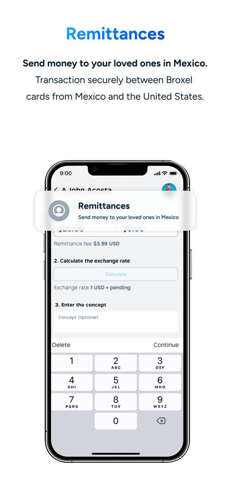 Broxel - Interfaz de la aplicación móvil Broxel mostrando el proceso para enviar remesas y transferencias de dinero a México desde los Estados Unidos.