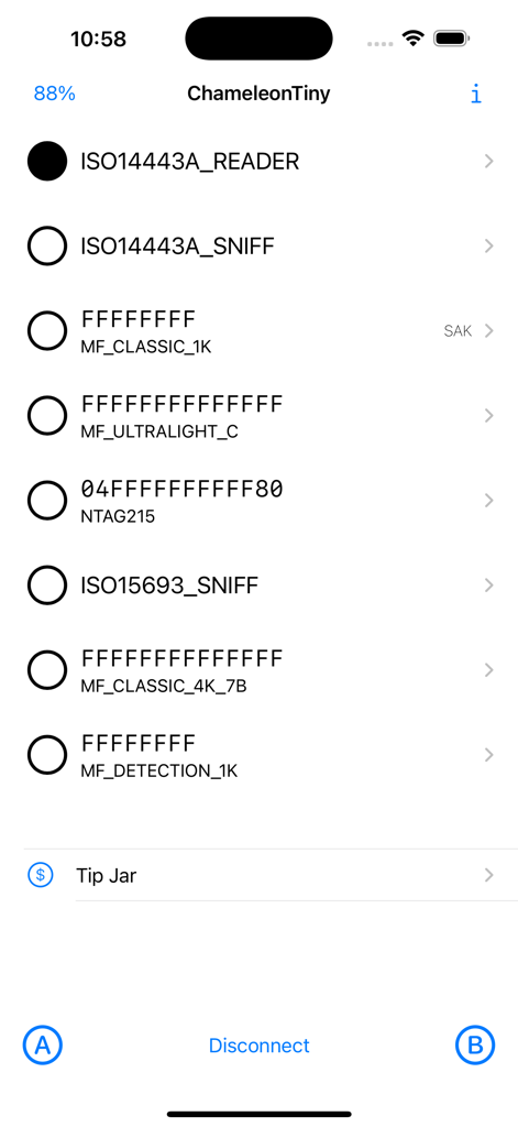 ChameleonTiny Manager - ChameleonTiny Manager app screen showing a list of RFID and NFC emulation slots