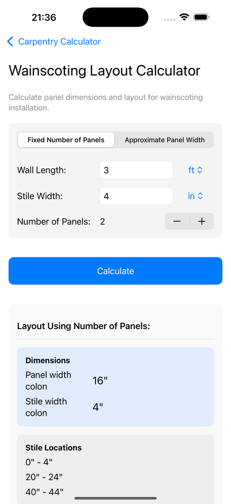 Carpentry & Trim Calculator - Wainscoting layout calculator showing panel dimensions and stile locations