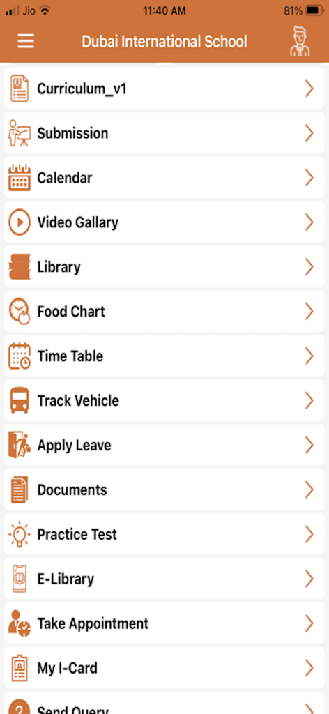 Hauptmenü von My School Apps mit Optionen wie Kalender, Stundenplan und Bibliothek