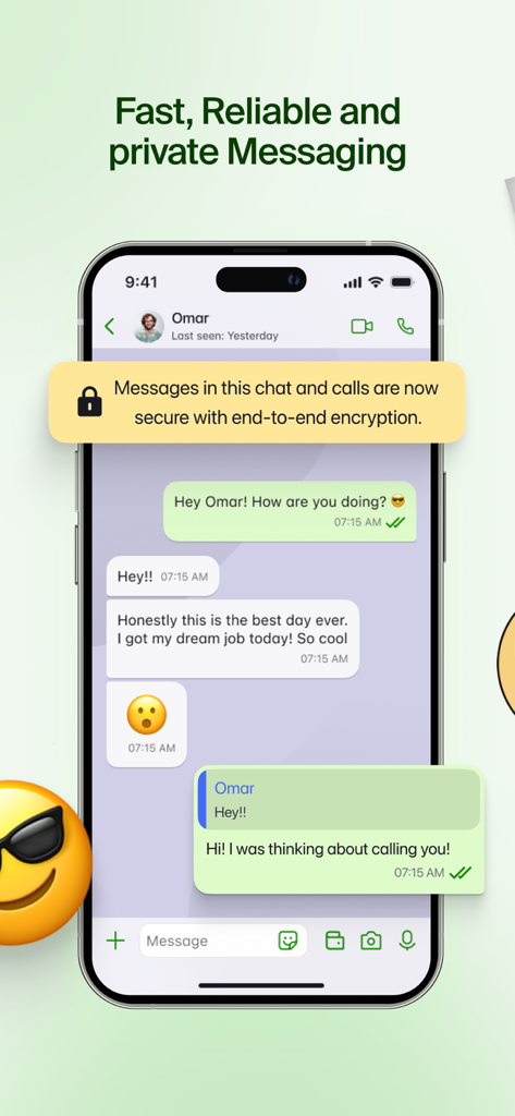 A smartphone screen displaying the GoChat Messenger app with a chat interface highlighting end-to-end encryption for secure communication.